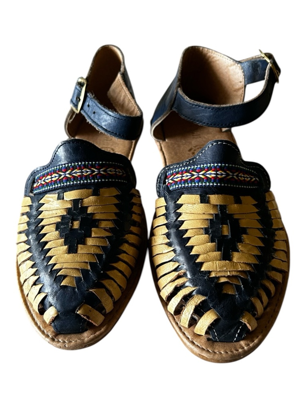 Leather Huarache Navy & Yellow  Artful Woven Ankle-Strap Sandals